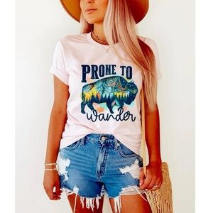 “Prone to Wander” Boho Western Bull Cotton T shirt Women’s Pink Crew Neck